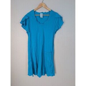 Match Point Dress Womens M Blue 100% Linen Flutter Sleeve Pocket Made USA 213